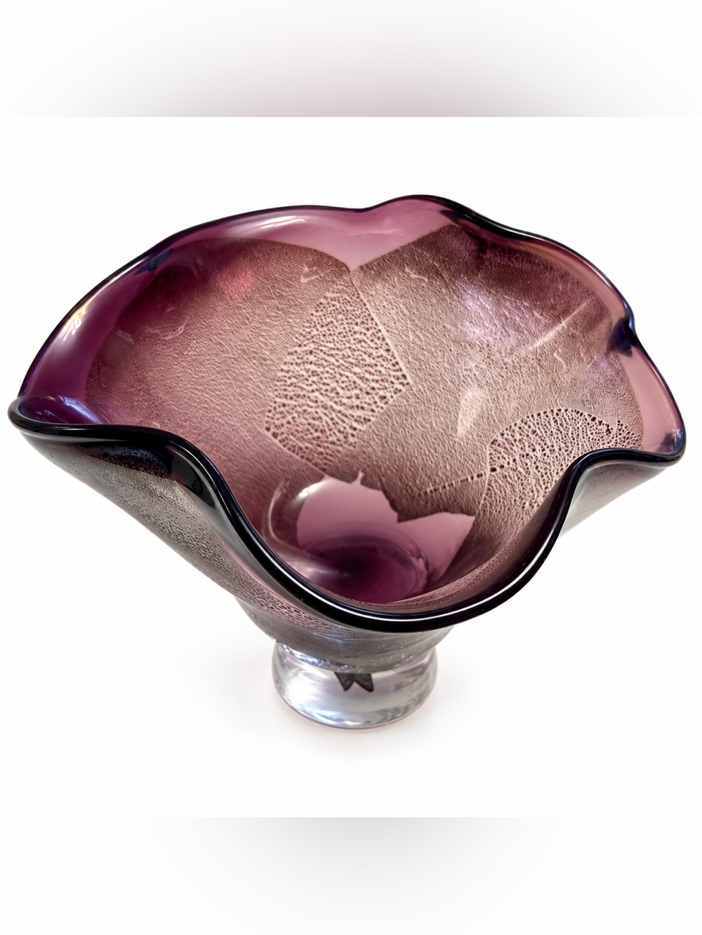 Vintage Phoenix Studio Purple Art Glass Ruffled Bowl Signed Centerpiece Decor